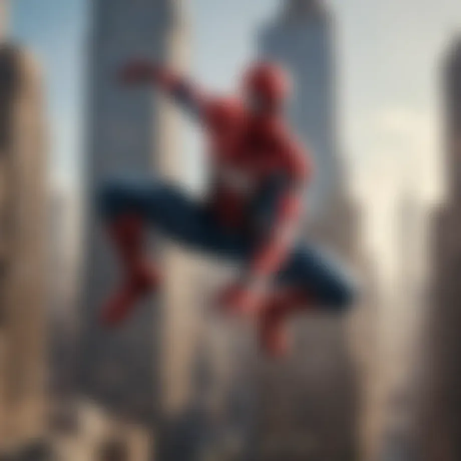 Iconic Spider-Man swinging through New York City skyline