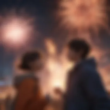 Imaginative depiction of anime fans celebrating with fireworks in the background