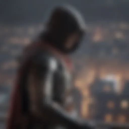 Abstract depiction of an Assassin's Creed figure overlooking a cityscape