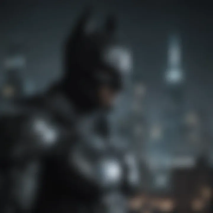 Gotham skyline at night with menacing Arkham Knight symbol