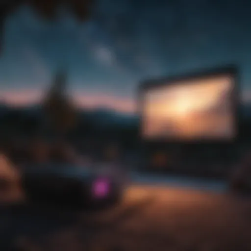 Outdoor movie projector and screen displaying vibrant colors in outdoor setting