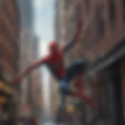 Tom Holland as Spider-Man swinging through the city