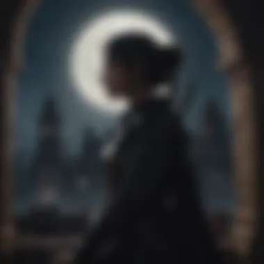 Character silhouette against a backdrop of moonlit ruins