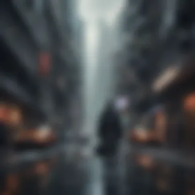 Enigmatic lead character immersed in futuristic cityscape