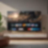 A modern living room showcasing a smart TV with Amazon Prime interface