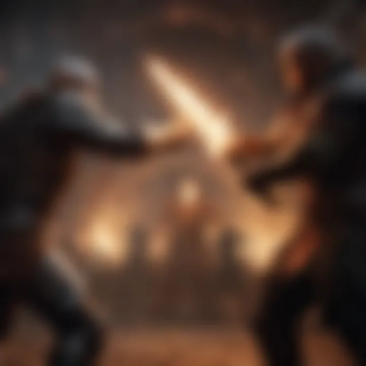 A dynamic battle scene featuring magic, melee, and ranged combat elements.