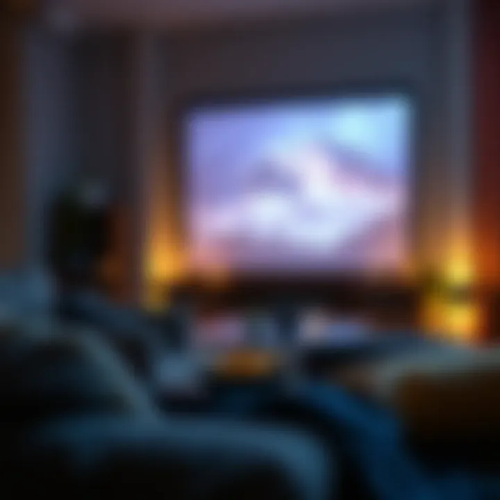 A cozy movie night setting with snacks and ambient lighting