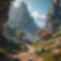 A vibrant fantasy landscape showcasing a bustling MMORPG world