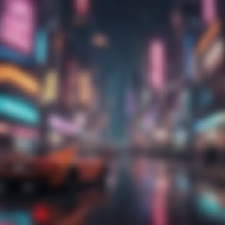 A futuristic cityscape filled with neon lights