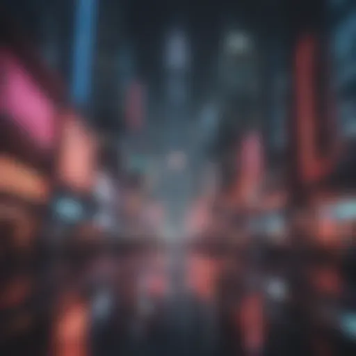 A futuristic virtual cityscape with neon lights and skyscrapers