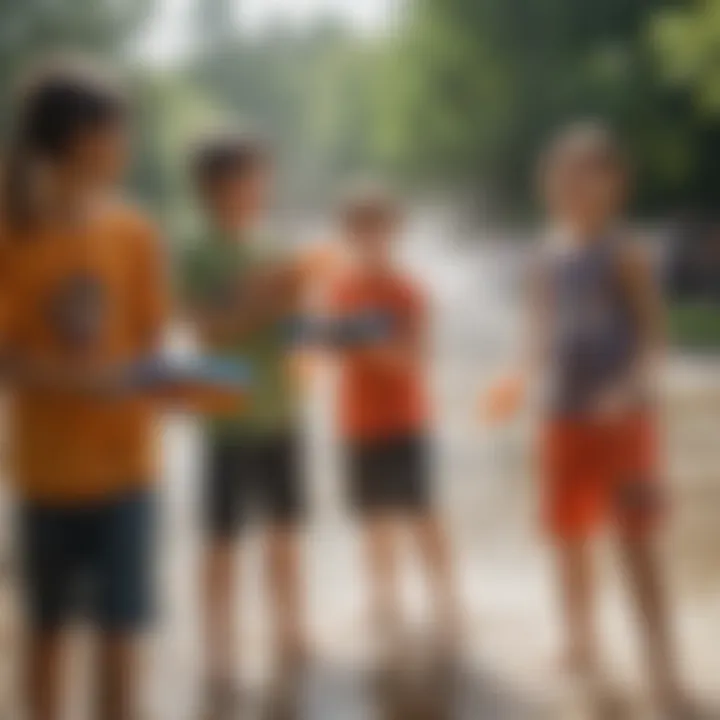 A group of children enjoying a lively water fight with colorful Nerf water soakers.