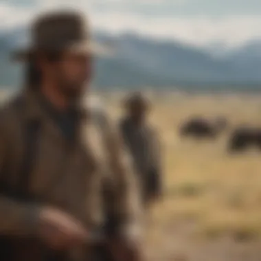 A group of characters from the Yellowstone series in a dramatic scene.