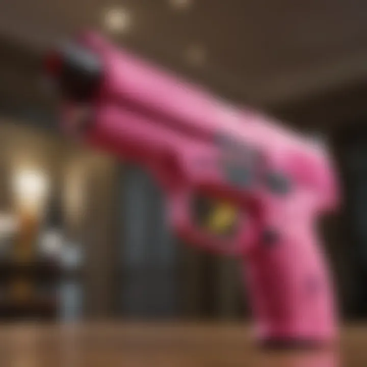 Close-up view of a pink Nerf gun displaying its unique features and design elements.