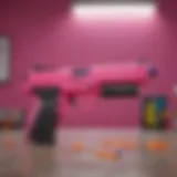 A vibrant collection of pink Nerf guns showcased against a colorful background, highlighting their designs.