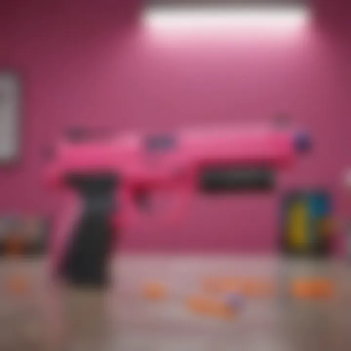 A vibrant collection of pink Nerf guns showcased against a colorful background, highlighting their designs.