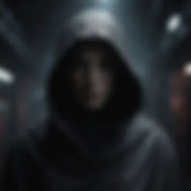 Mysterious hooded figure standing in a dark and ominous environment