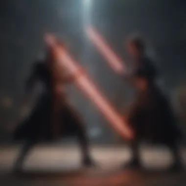 Dynamic combat scene featuring lightsaber dueling between characters