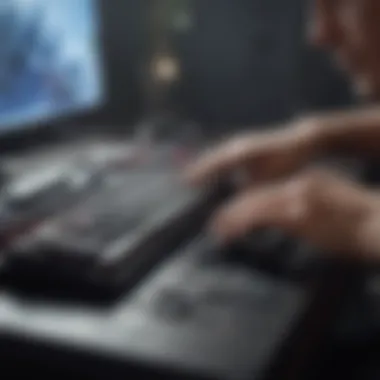 A gamer intensely focused while using a gaming keyboard