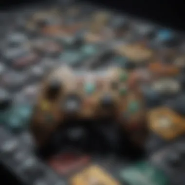 Creative design showcasing various game controllers forming a vibrant mosaic