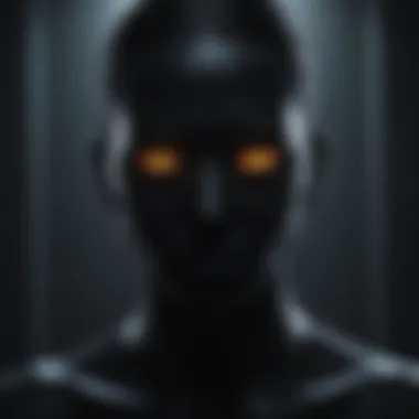 Dark silhouette of a figure with glowing eyes in the background