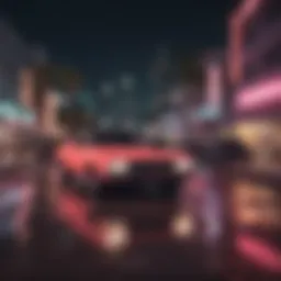 Vintage car driving through neon-lit streets