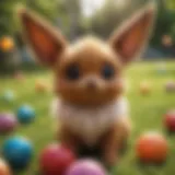 Eevee surrounded by colorful Poké Balls