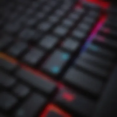 Close-up of HyperX Alloy keyboard showcasing RGB lighting