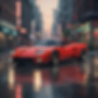 Customized red sports car navigating through urban landscape