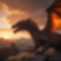 A dragon silhouette against a fiery sky
