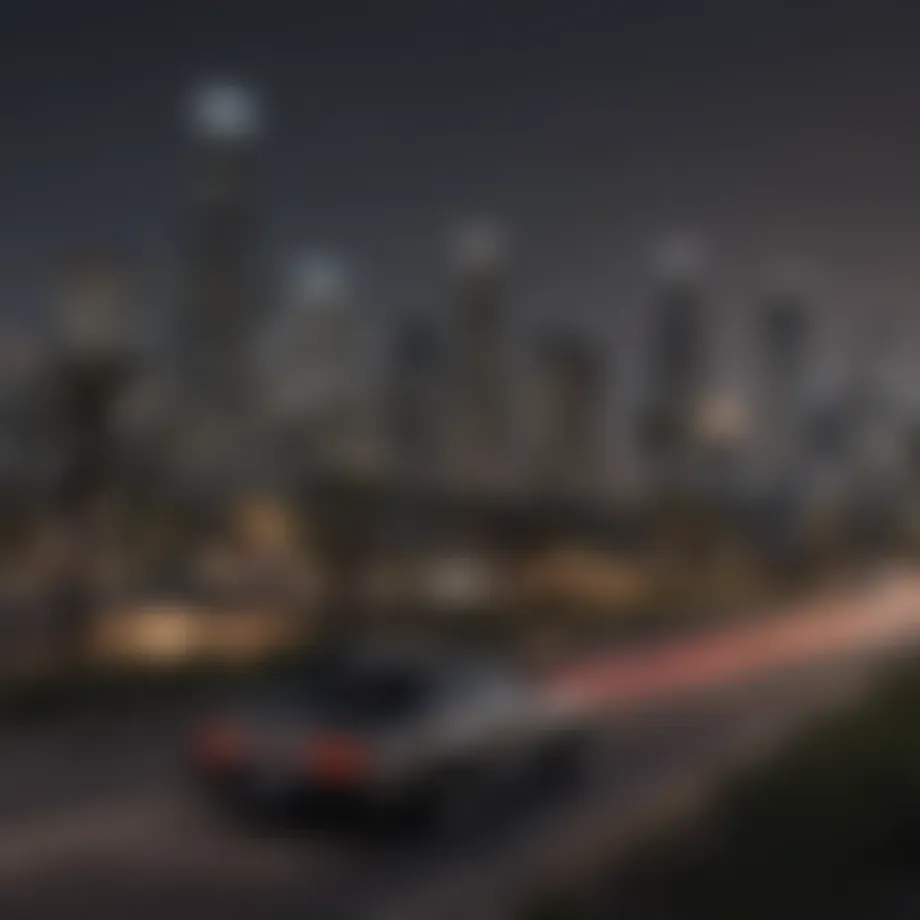 A stunning view of the Los Angeles skyline at night, showcasing the urban environment in which the game is set