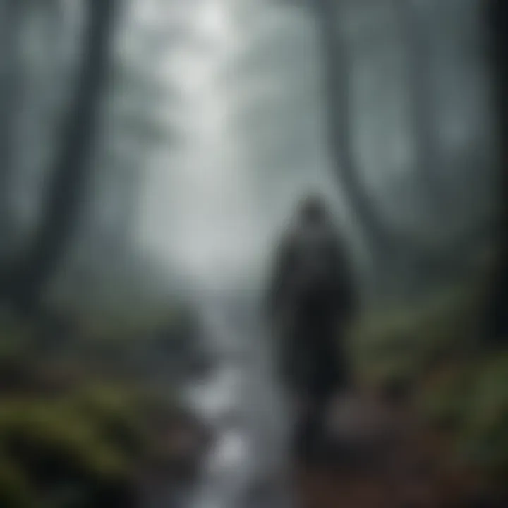 Mysterious figure walking through mist-covered forest