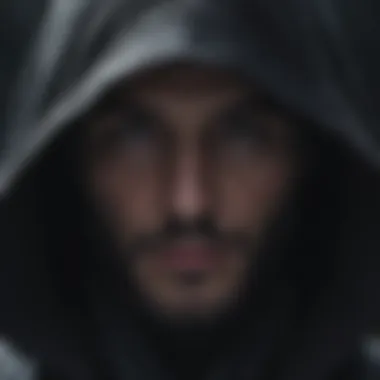 Cinematic close-up of a mysterious hooded figure