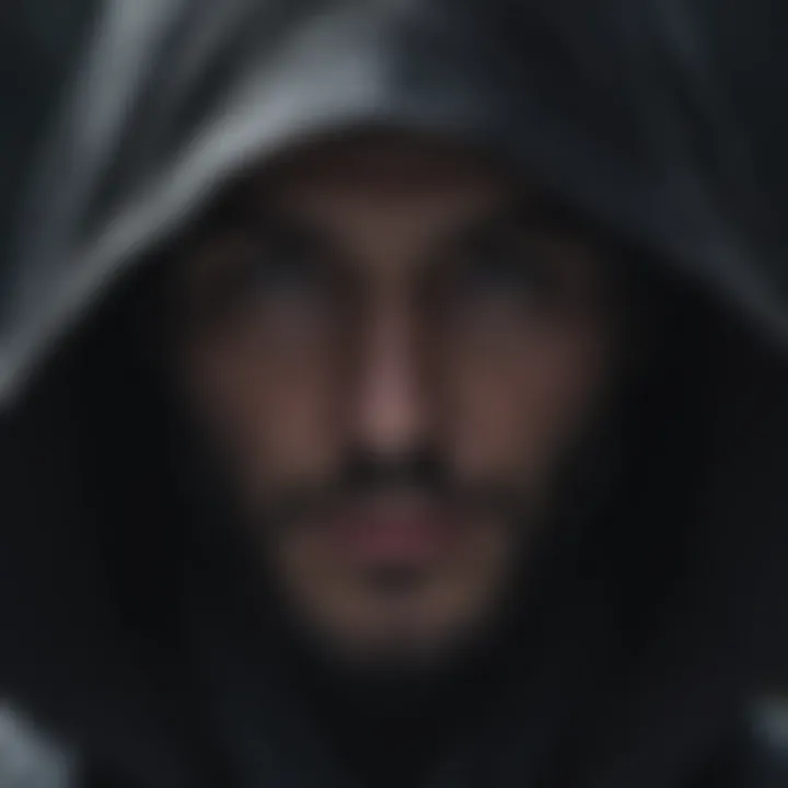 Cinematic close-up of a mysterious hooded figure