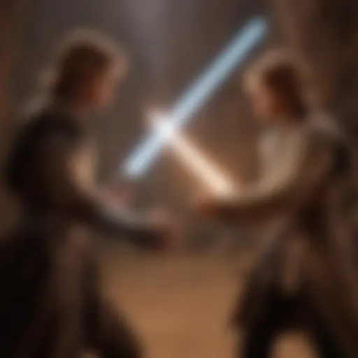 Anakin Skywalker engaging in a lightsaber duel during the Clone Wars.