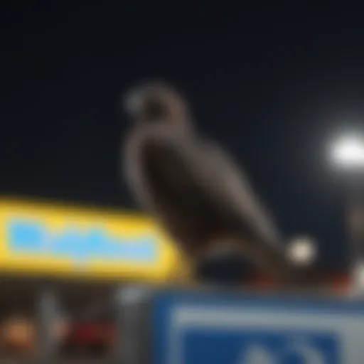 Mysterious Night Hawk silhouette perched on Walmart sign