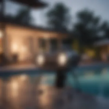 Outdoor projector with stand set up by the poolside