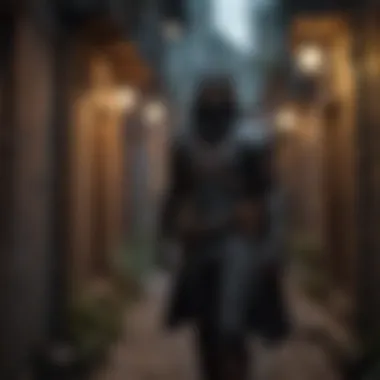 Rogue stealthily sneaking through a dimly lit alleyway