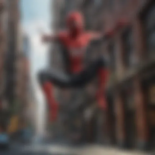 Spider-Man swinging through a cityscape