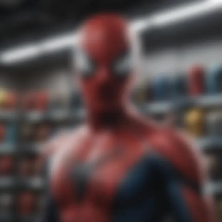 Variety of Spiderman costumes on racks in a cosplay store