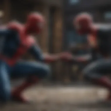 Spiderman facing off against a formidable villain in a dramatic scene