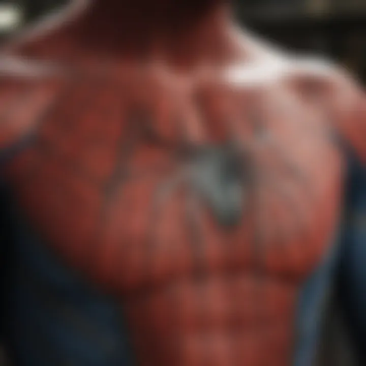 Detailed close-up of Spiderman's suit texture and design