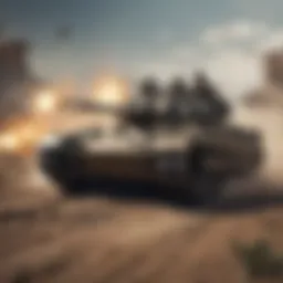 A digital representation of a tank in a chaotic battlefield, with players engaged in intense competition.