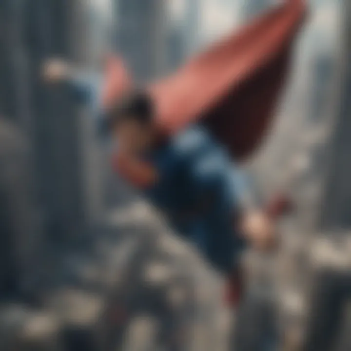 Superman in flight over Metropolis, showcasing his iconic pose