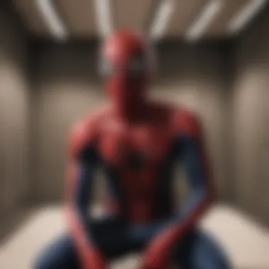 Person trying on a Spiderman costume in a fitting room