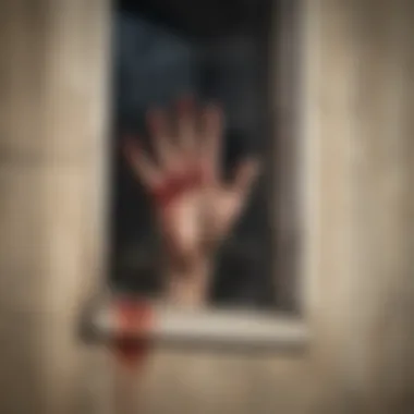 Blood-stained hand reaching out through a barred window