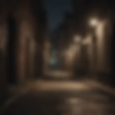 Dark alleyway with flickering streetlights casting shadows