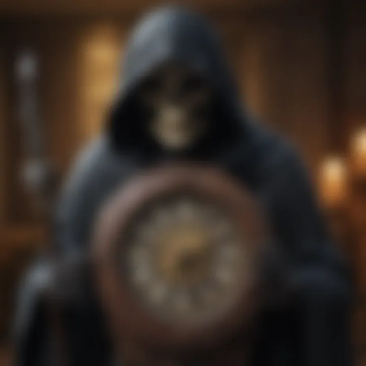 Close-up of a grim reaper clock showing midnight